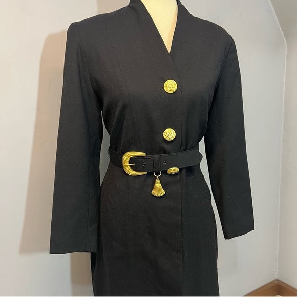 Vintage black long sleeve structured dress bold gold belt ornate buttons retro - Picture 10 of 11
